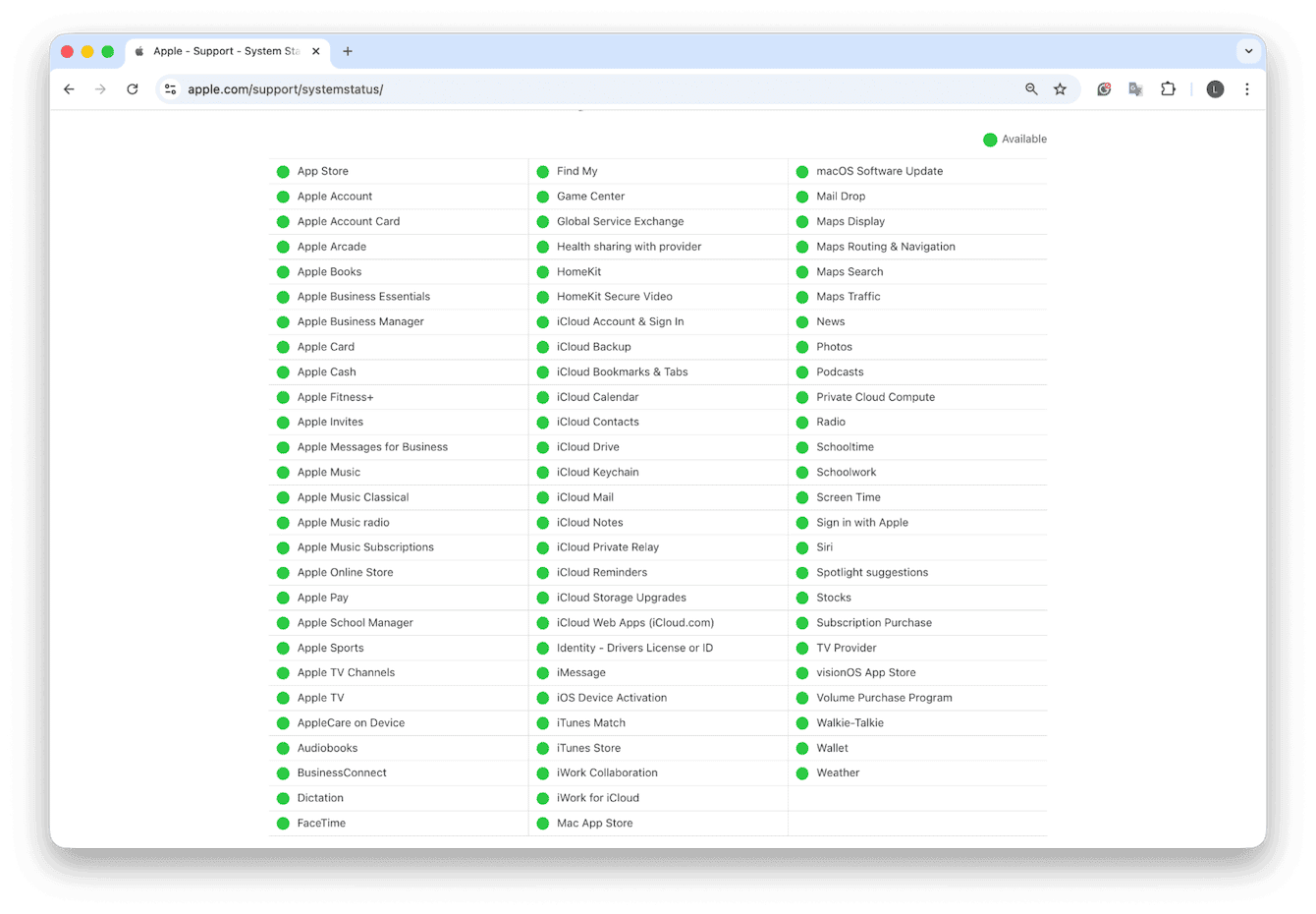 Apple's System status page