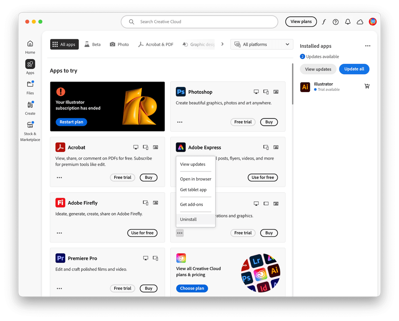 Remove Adobe apps from inside Creative Cloud