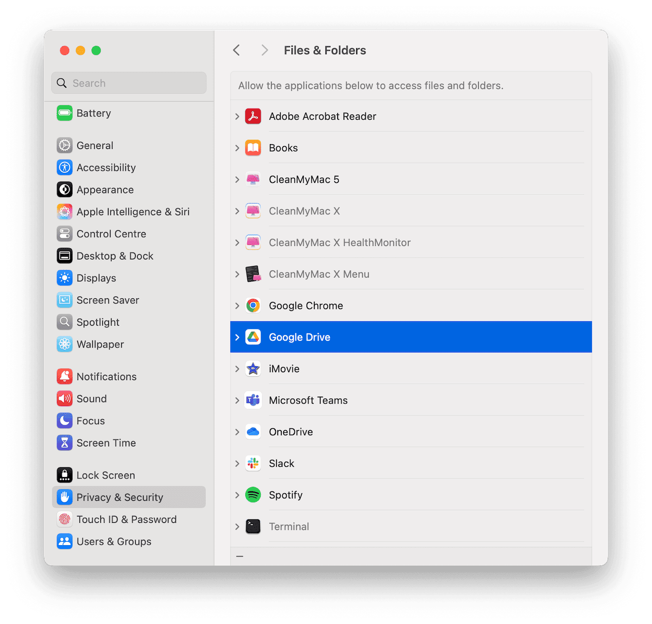 Files and Folders in System Settings