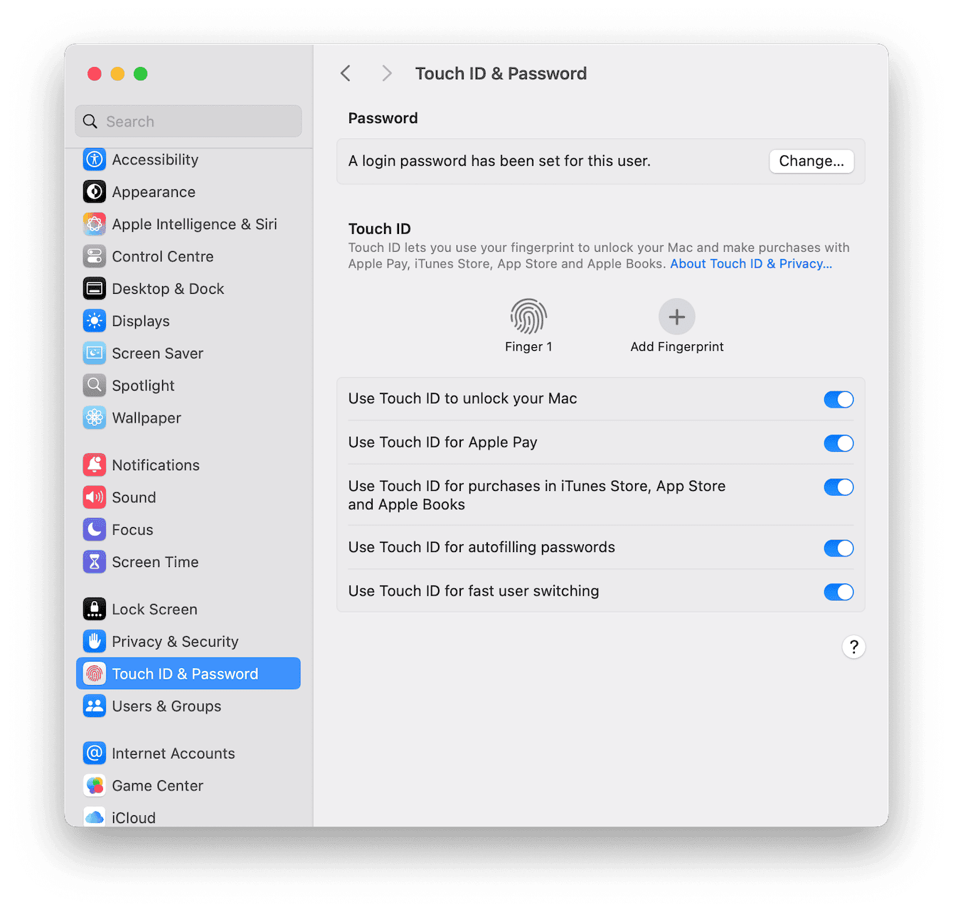 Touch ID & Password settings on Mac
