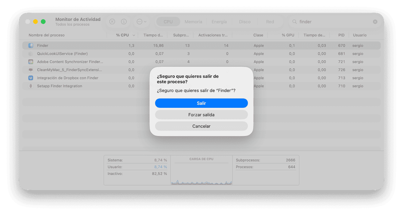 Revisa el proceso del Finder en el Monitor de Actividad