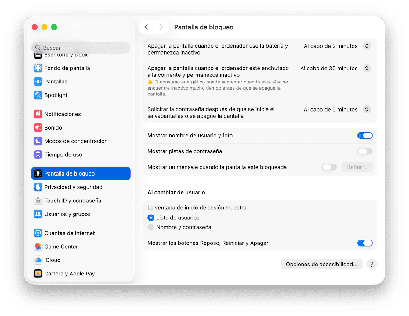 Cambia los ajustes del modo reposo