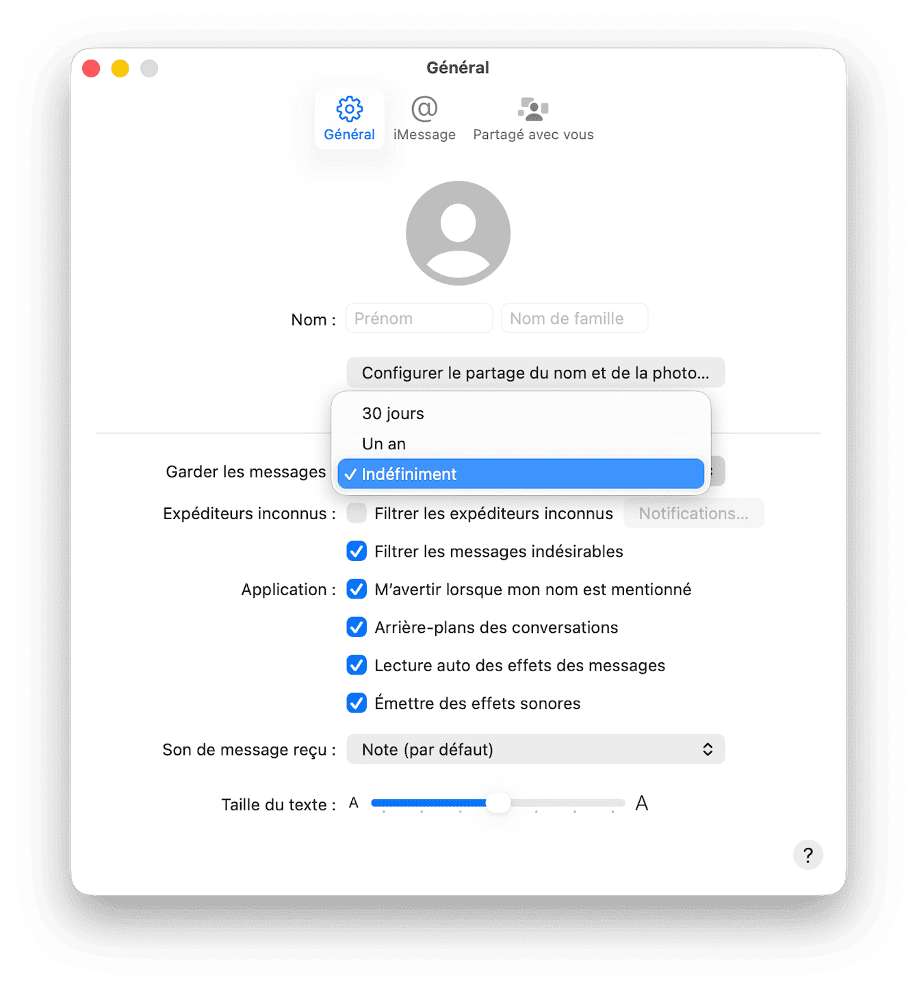 Cliquez sur le menu Messages&nbsp;> R&eacute;glages&nbsp;> G&eacute;n&eacute;ral