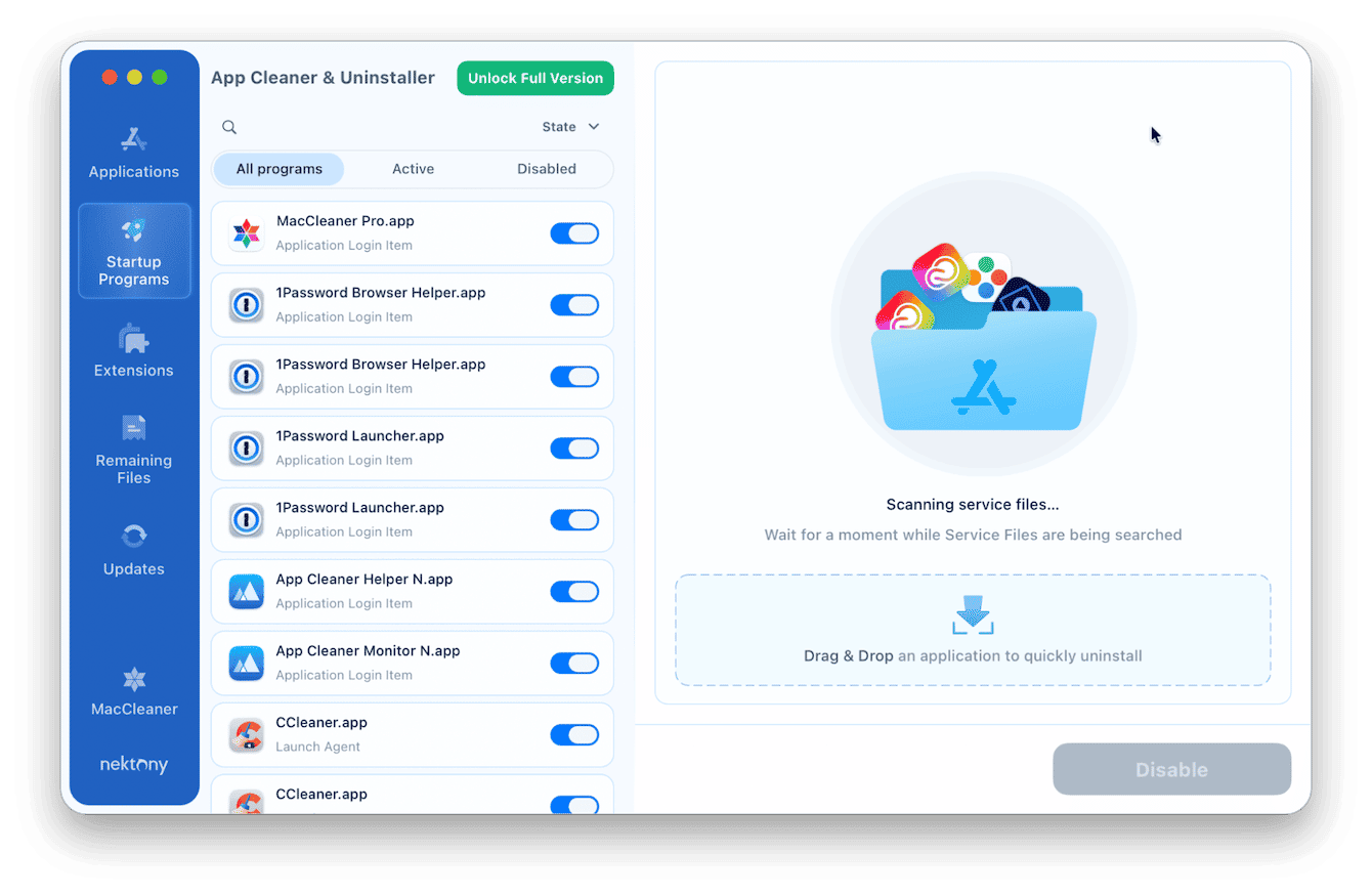 App Cleaner & Uninstaller Startup Programs tab on Mac listing login items including 1Password, CCleaner, and MacCleaner Pro with toggles to enable or disable each