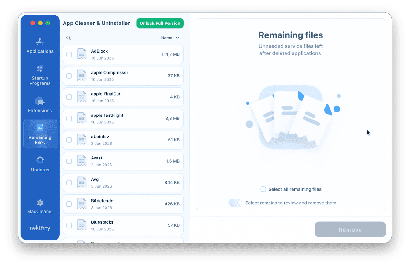 App Cleaner & Uninstaller Remaining Files tab showing leftover service files from deleted Mac apps including AdBlock, Avast, Bitdefender, and Bluestacks available for cleanup