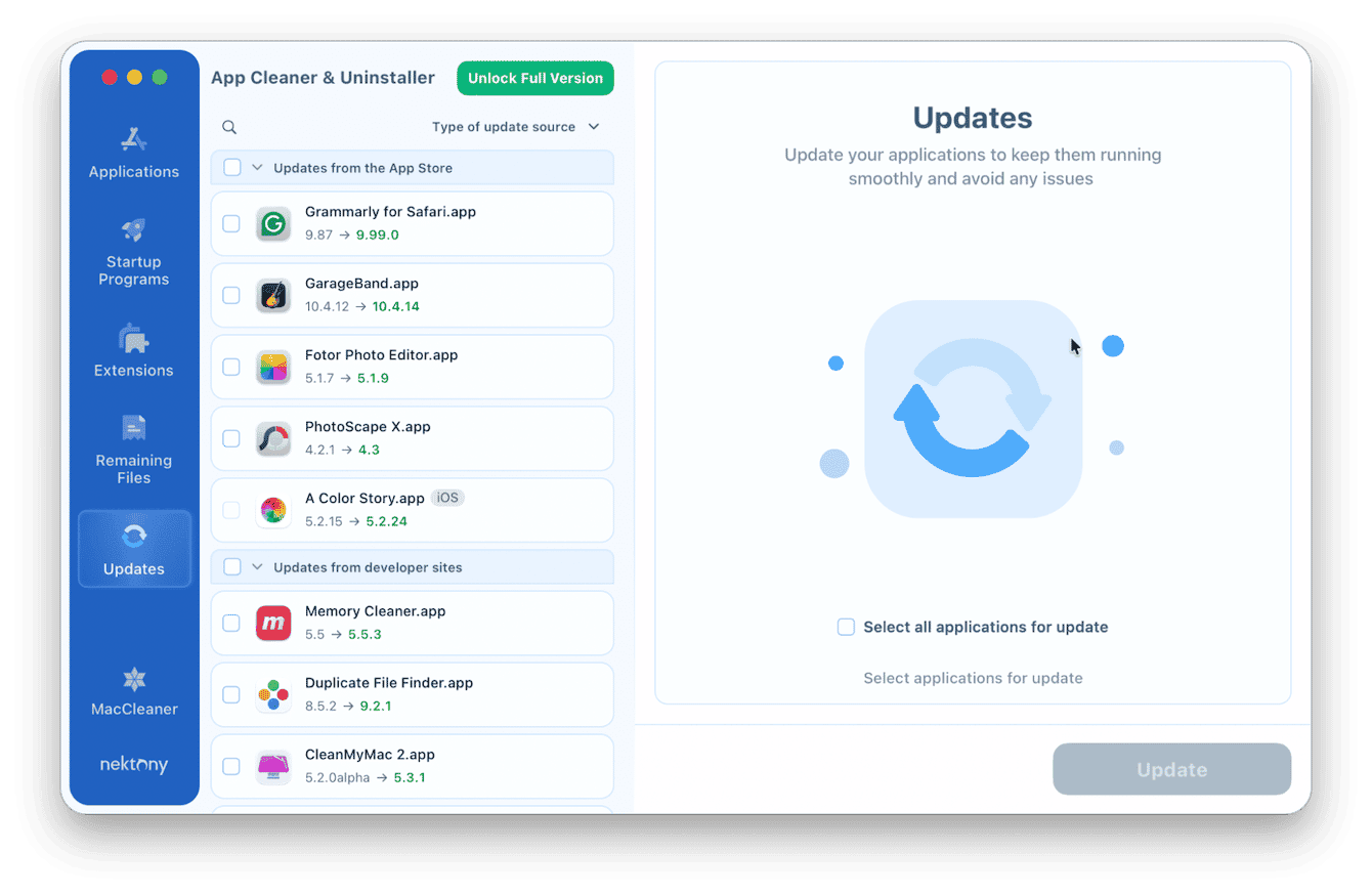 App Cleaner & Uninstaller Updates tab showing available App Store and developer site updates for Mac apps including GarageBand, Grammarly, Duplicate File Finder, and CleanMyMac