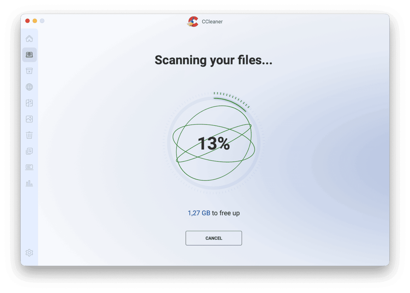 CCleaner for Mac file scan in progress at 13% completion with 1.27 GB of junk files identified so far during the cleaning process