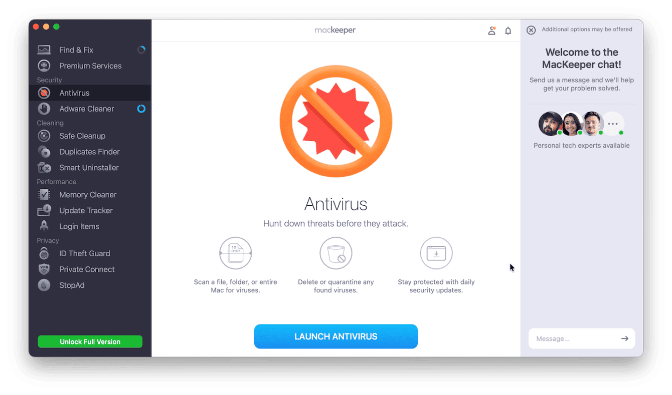 MacKeeper Antivirus screen on Mac showing options to scan for viruses, quarantine threats, and enable daily security updates with live chat support panel open
