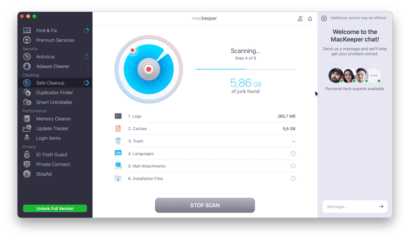 MacKeeper Safe Cleanup scan in progress on Mac finding 5.86 GB of junk including 5.6 GB in caches and 260 MB in logs across six cleanup categories