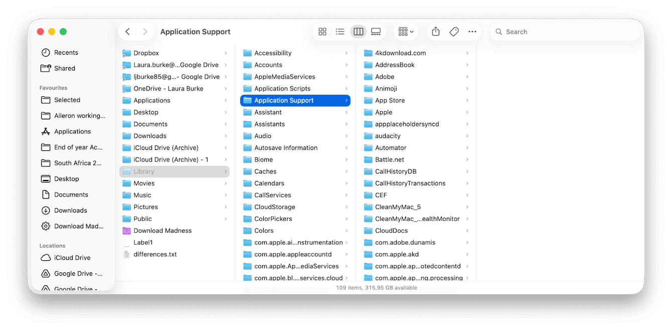 macOS Finder navigating to Library Application Support folder showing 109 items including AI-related app data files stored on Mac