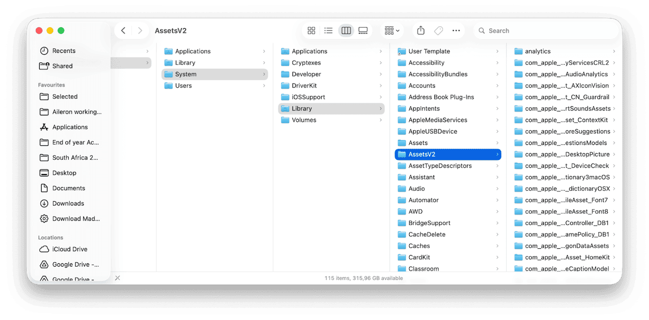 macOS Finder browsing System Library AssetsV2 folder containing Apple Intelligence and other system asset data directories on Mac