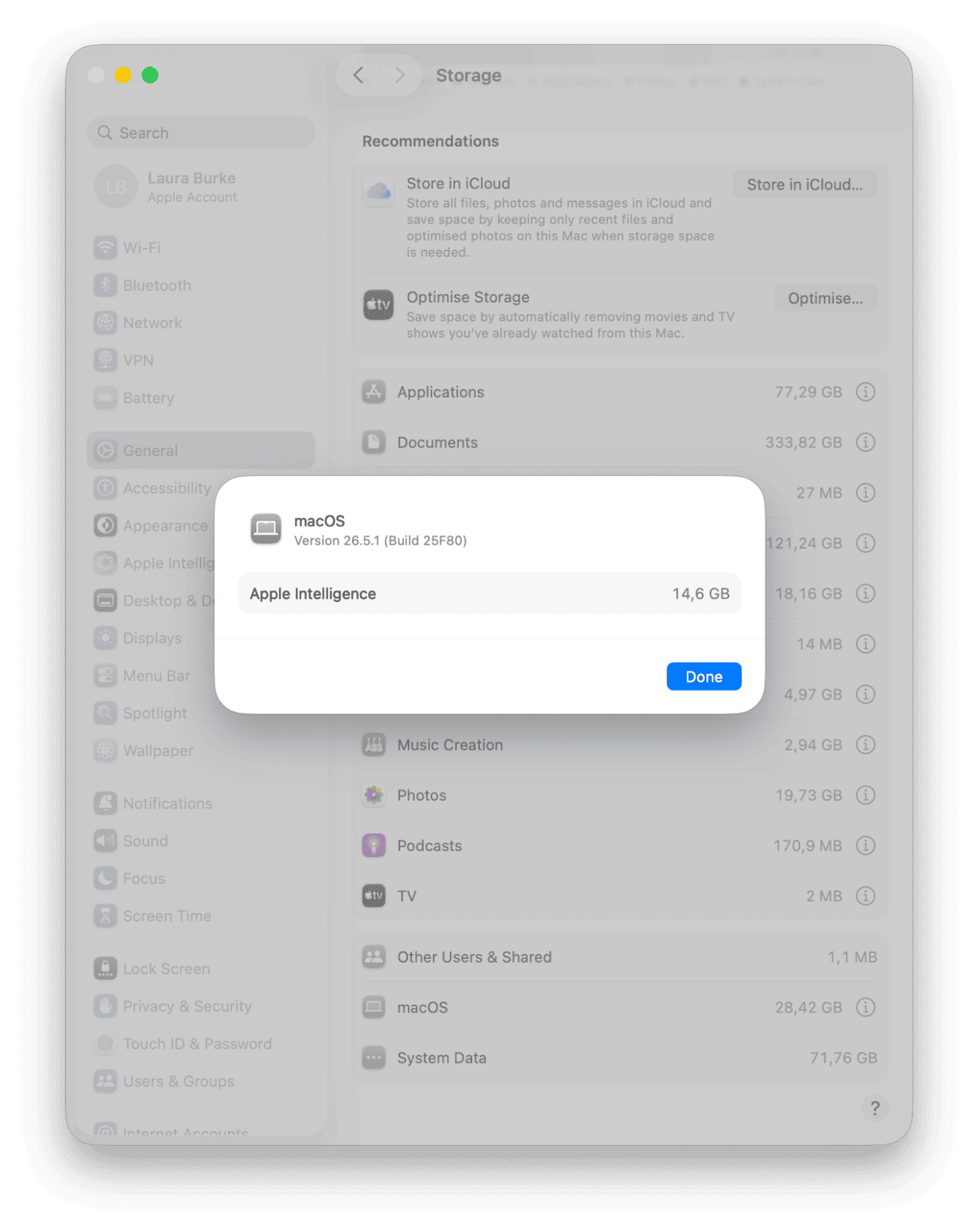 macOS 26.5.1 System Settings Storage screen showing Apple Intelligence occupying 14.6 GB of disk space alongside Documents at 333 GB and System Data at 71 GB