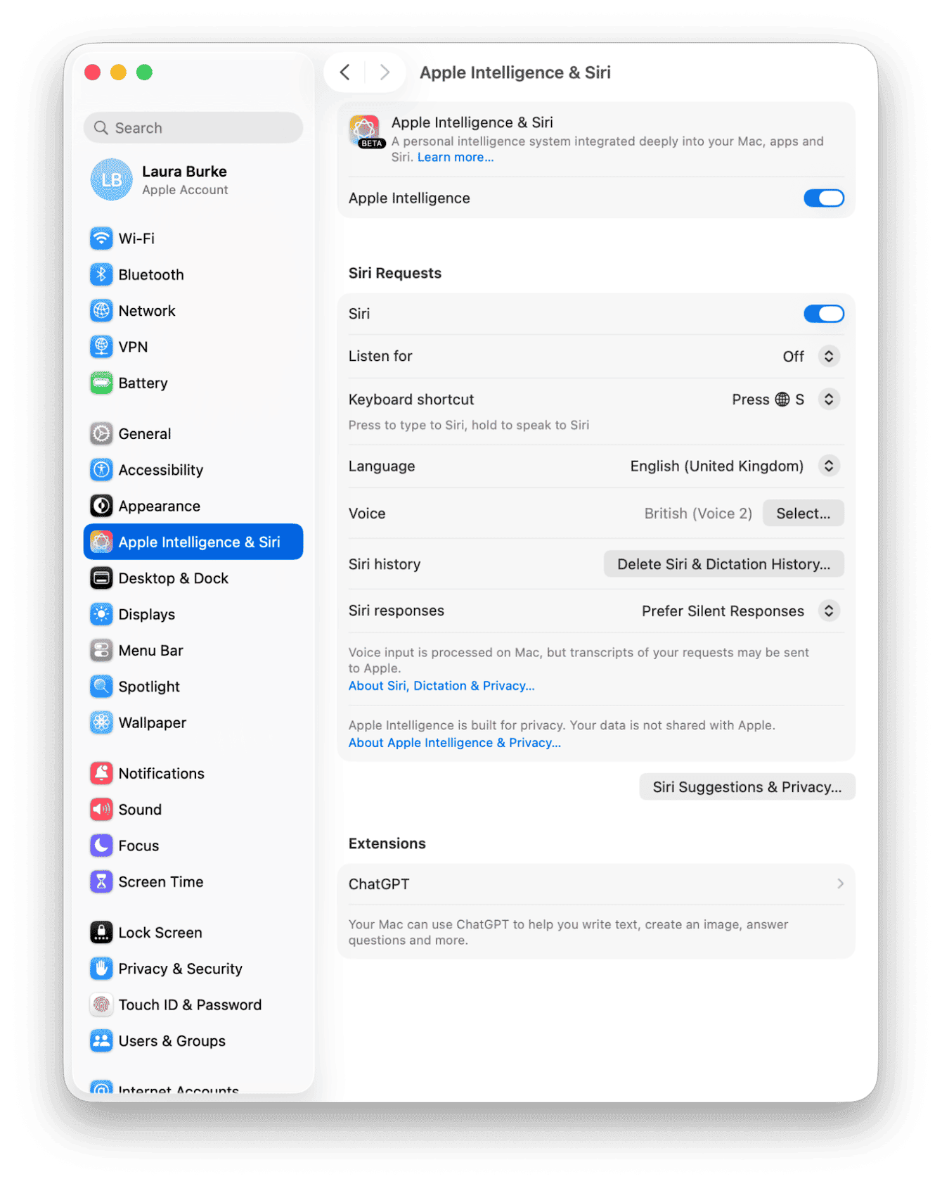 macOS System Settings Apple Intelligence and Siri panel showing Apple Intelligence enabled, Siri history deletion option, and ChatGPT extension integration