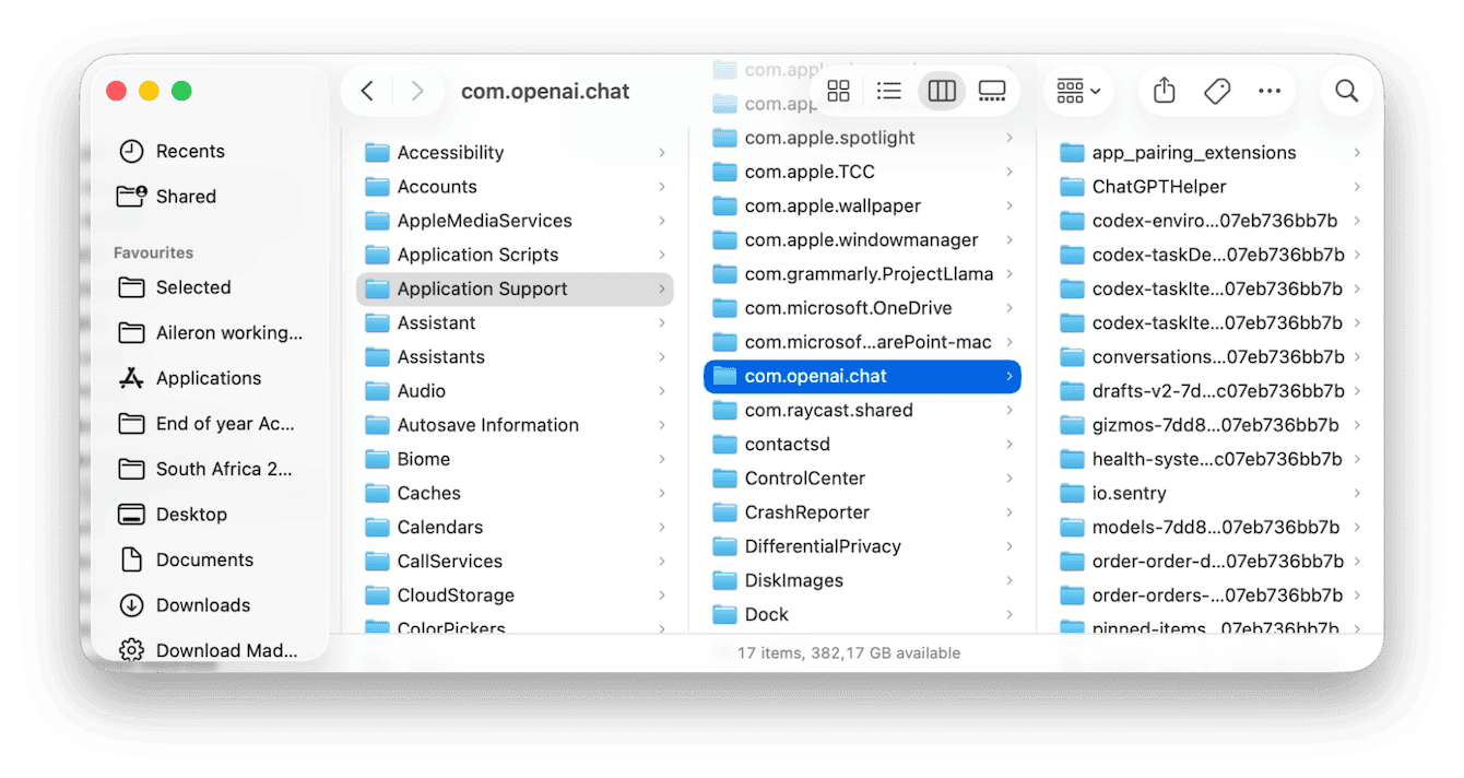 macOS Finder navigating to Library Application Support com.openai.chat folder revealing ChatGPT leftover data files and cached model directories stored on Mac