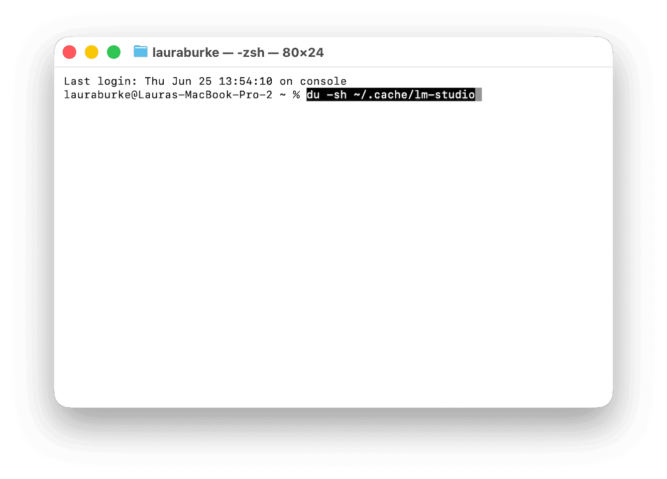 macOS Terminal command du -sh ~/.cache/lm-studio used to check how much disk space LM Studio AI model cache is taking up on a MacBook Pro