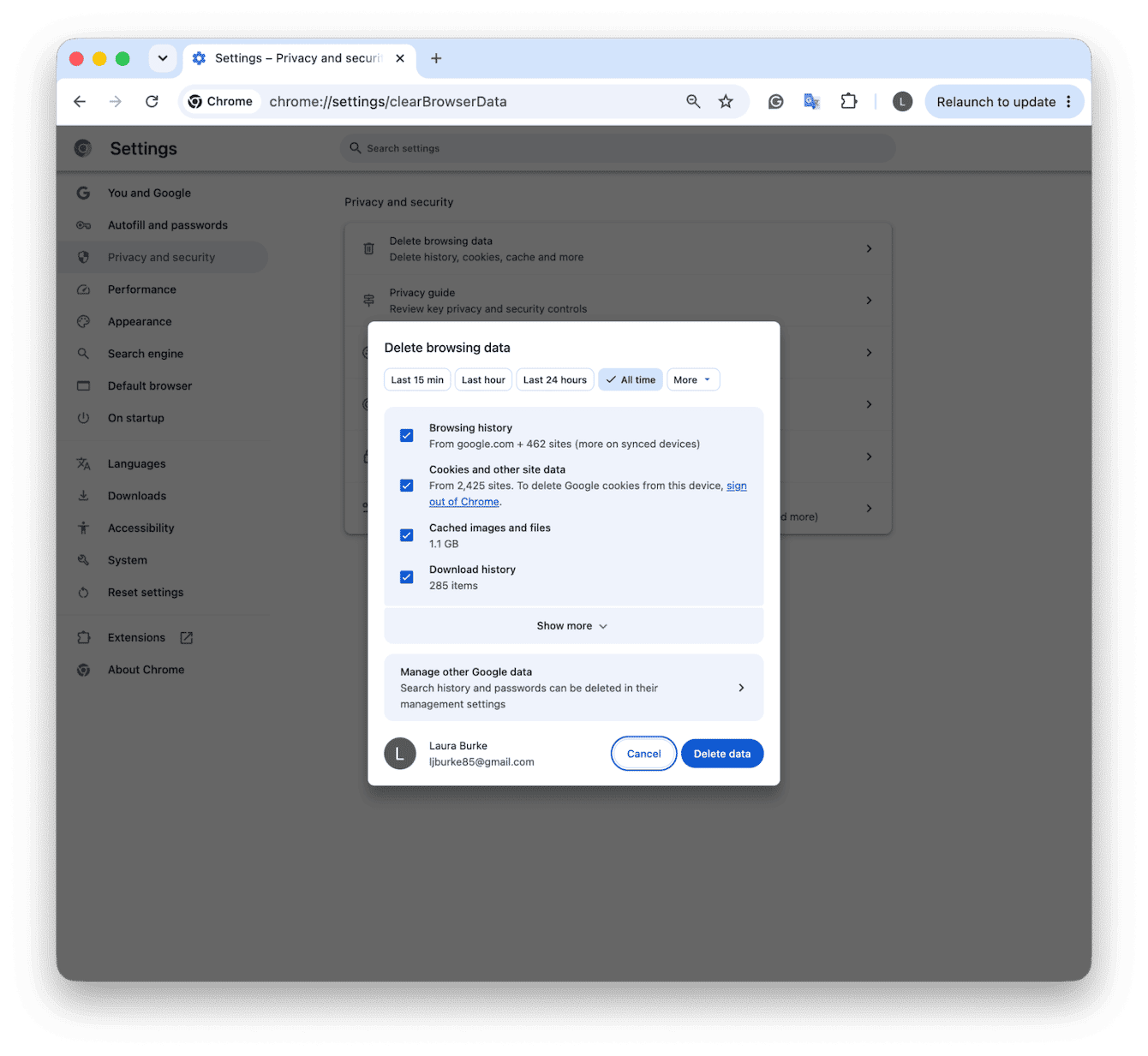 Google Chrome Delete Browsing Data dialog on Mac set to All Time, with browsing history, cookies from 2425 sites, 1.1 GB cached files, and download history selected for deletion