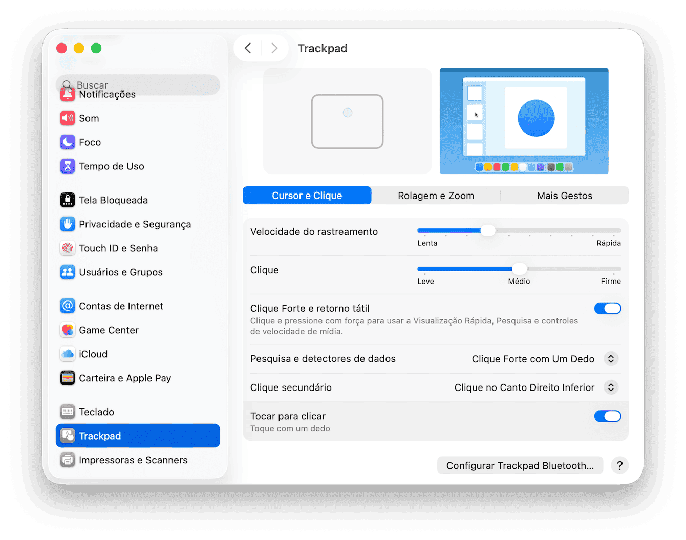 Acesse o menu Apple > Ajustes do Sistema > Trackpad