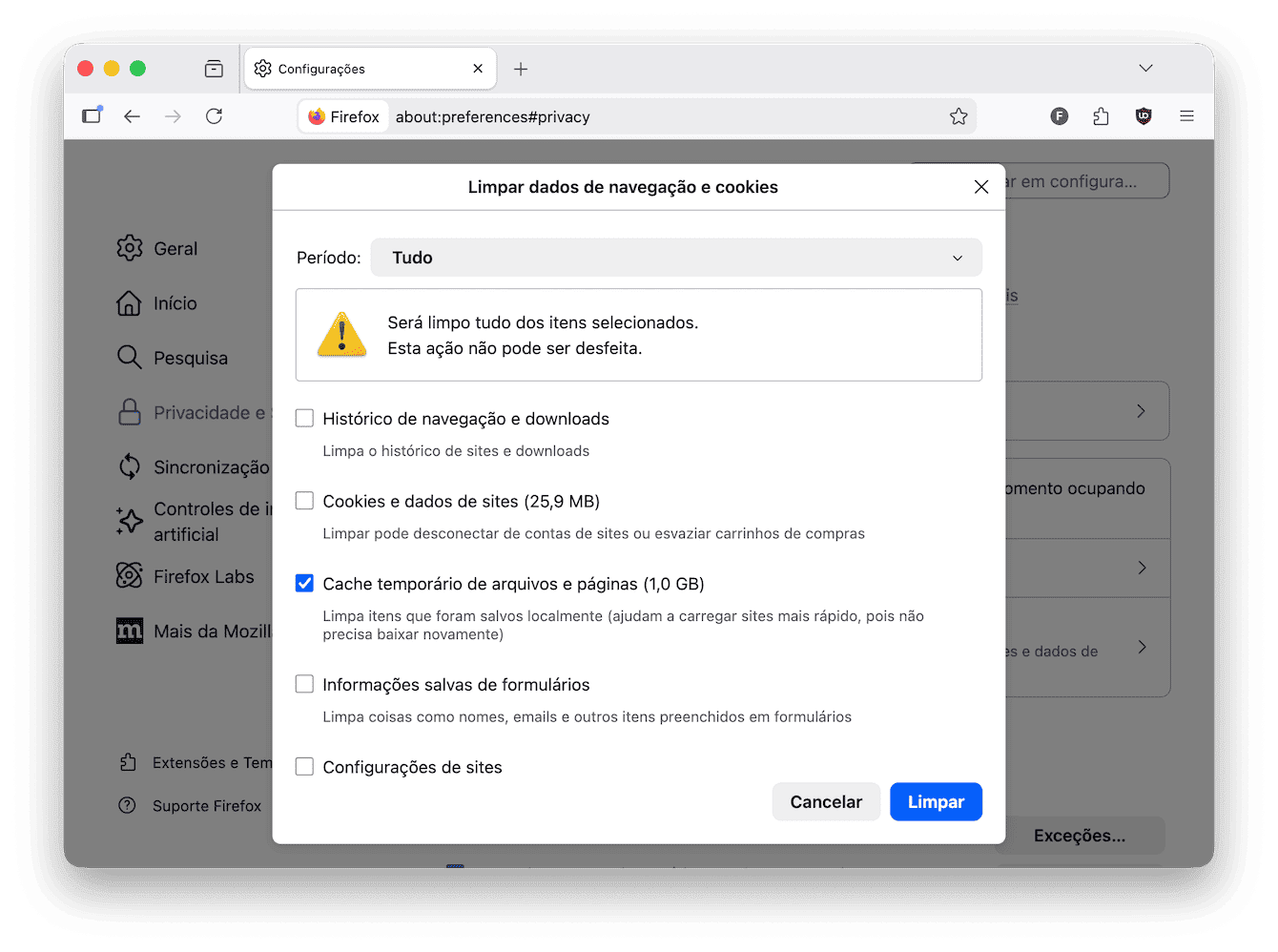 Como apagar o cache no Firefox