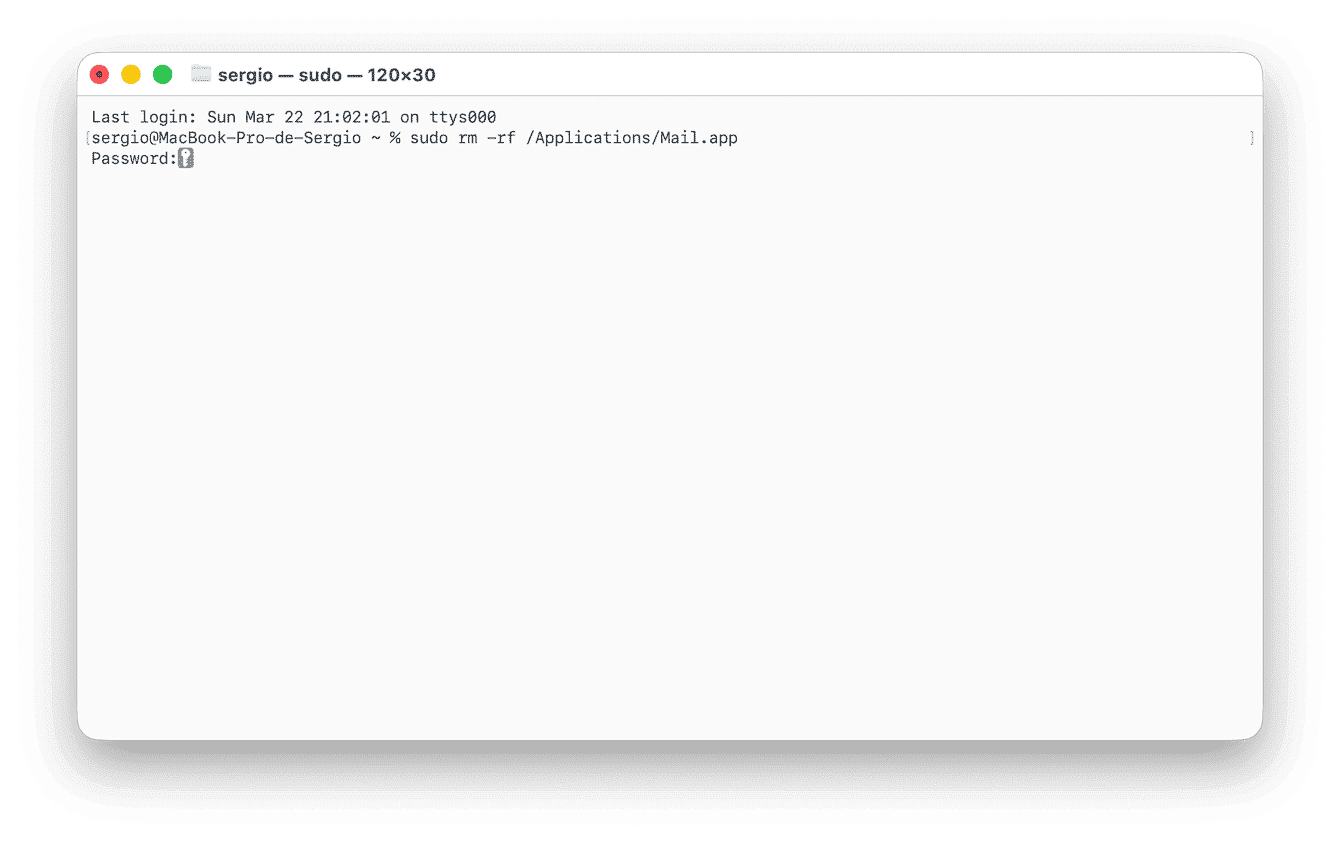 Digite sudo rm -rf /Applications/Mail.app (este comando apaga o Mail)