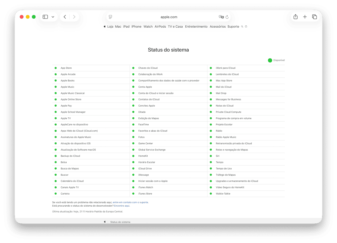  p&aacute;gina de&nbsp;Status do Sistema da Apple