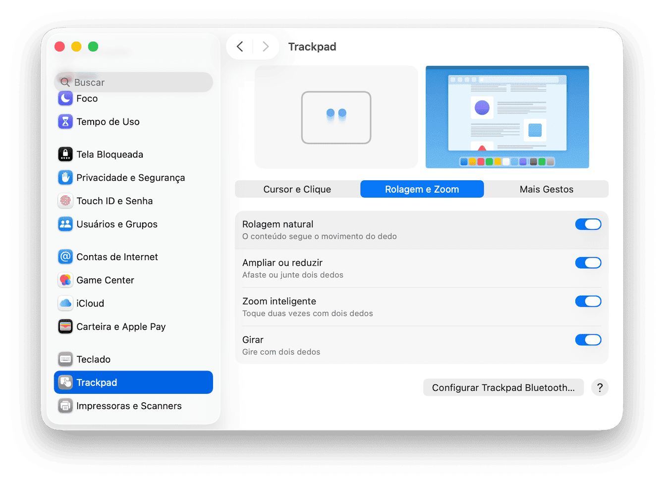 Acesse o menu Apple > Ajustes do Sistema > Trackpad