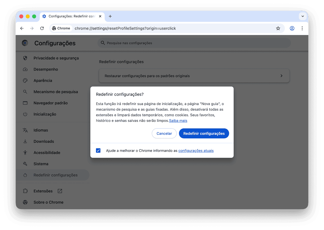 Navegue at&eacute; &ldquo;Redefinir configura&ccedil;&otilde;es&rdquo; e siga as instru&ccedil;&otilde;es na tela