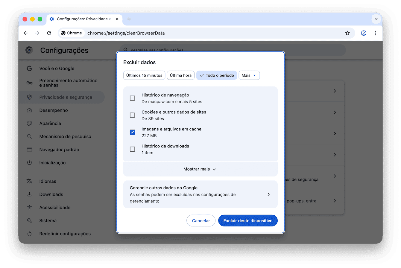 Como apagar o cache no Chrome