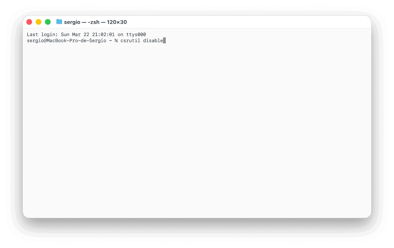 Digite csrutil disable e pressione Return