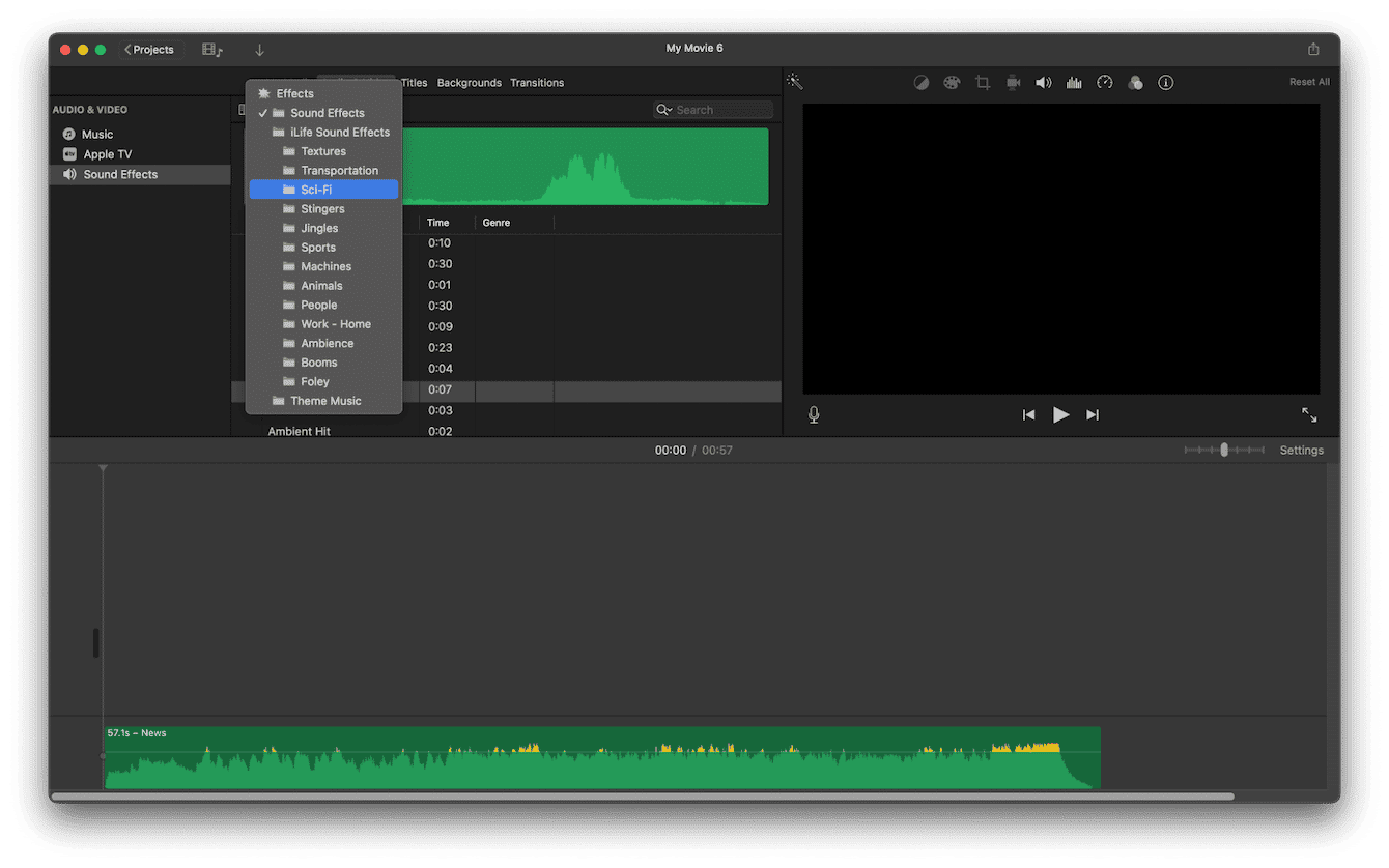 Drag chosen soundtrack into the timeline below video clips