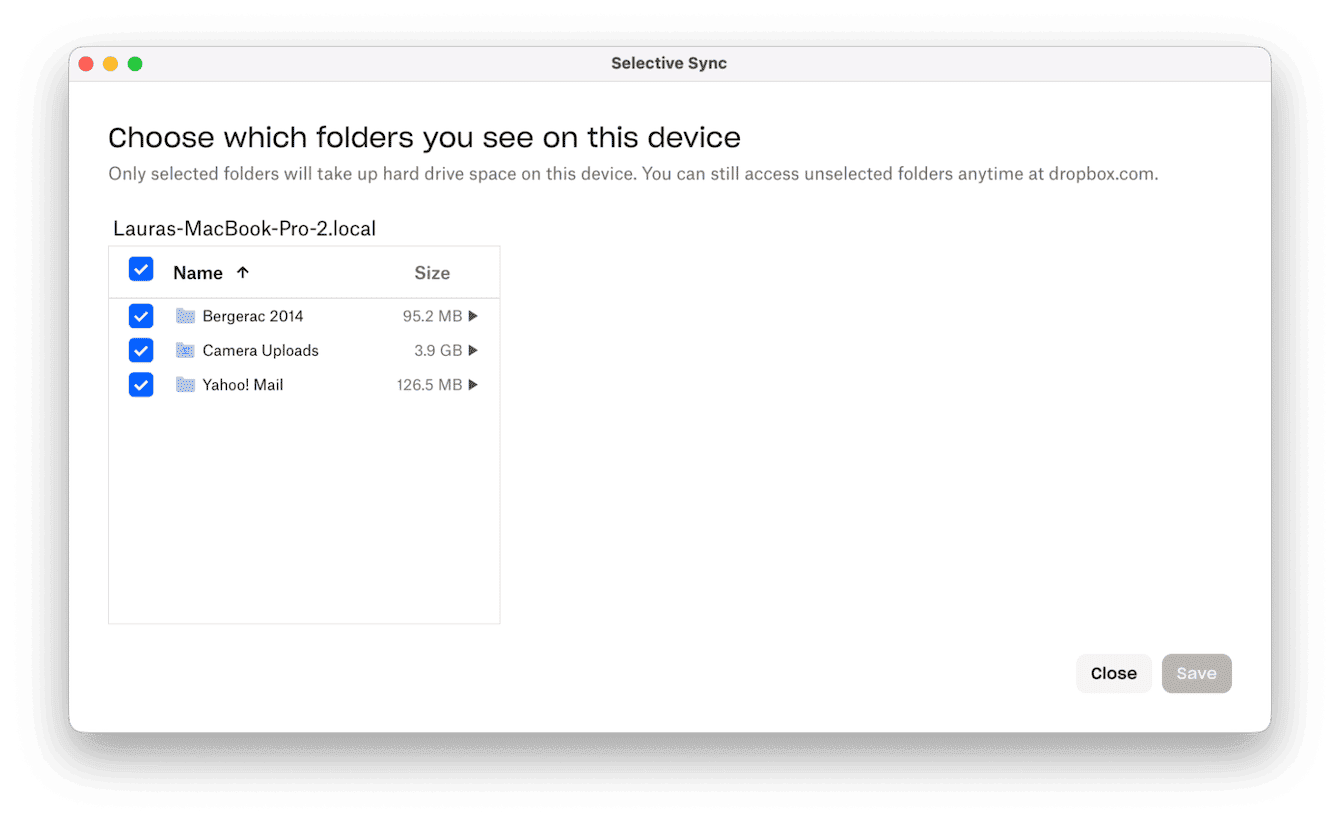 Change selective sync settings