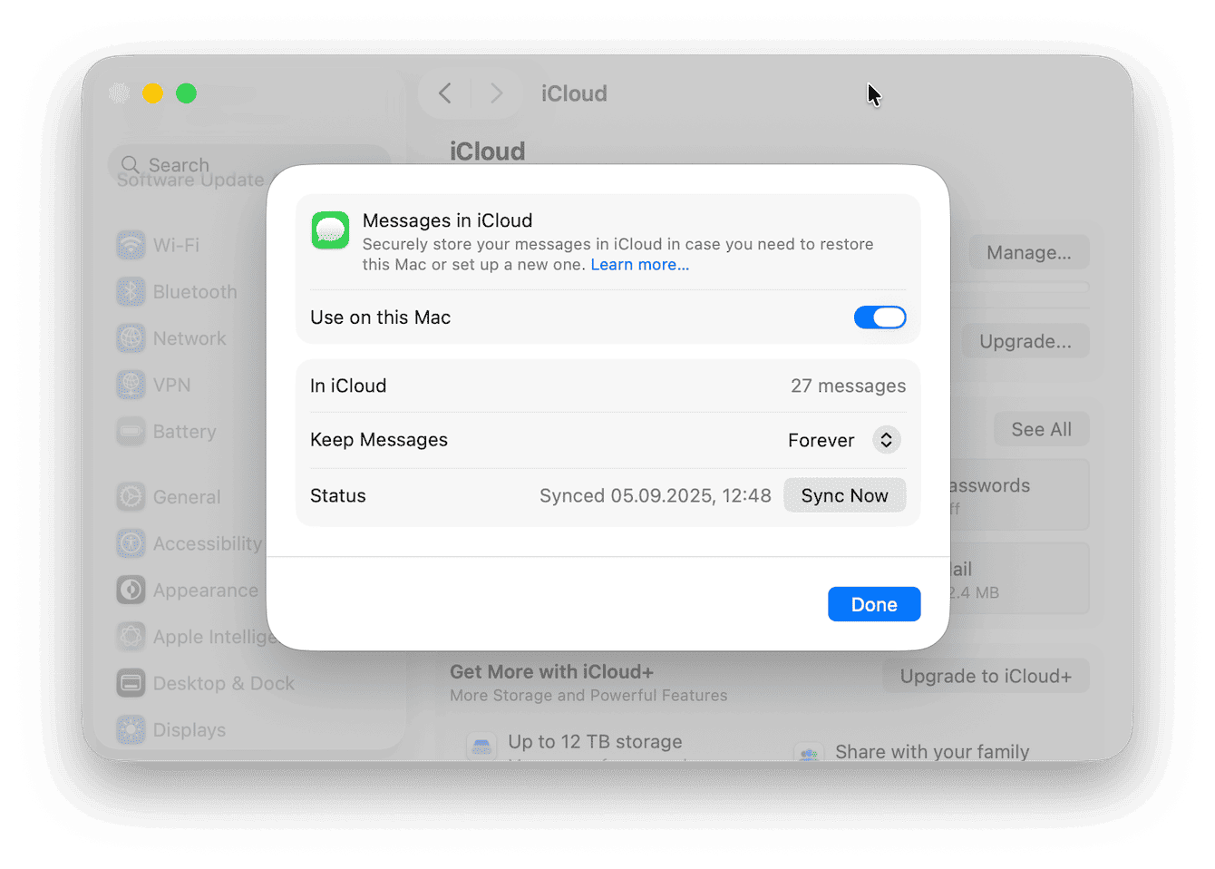 Toggle Messages in iCloud off and on