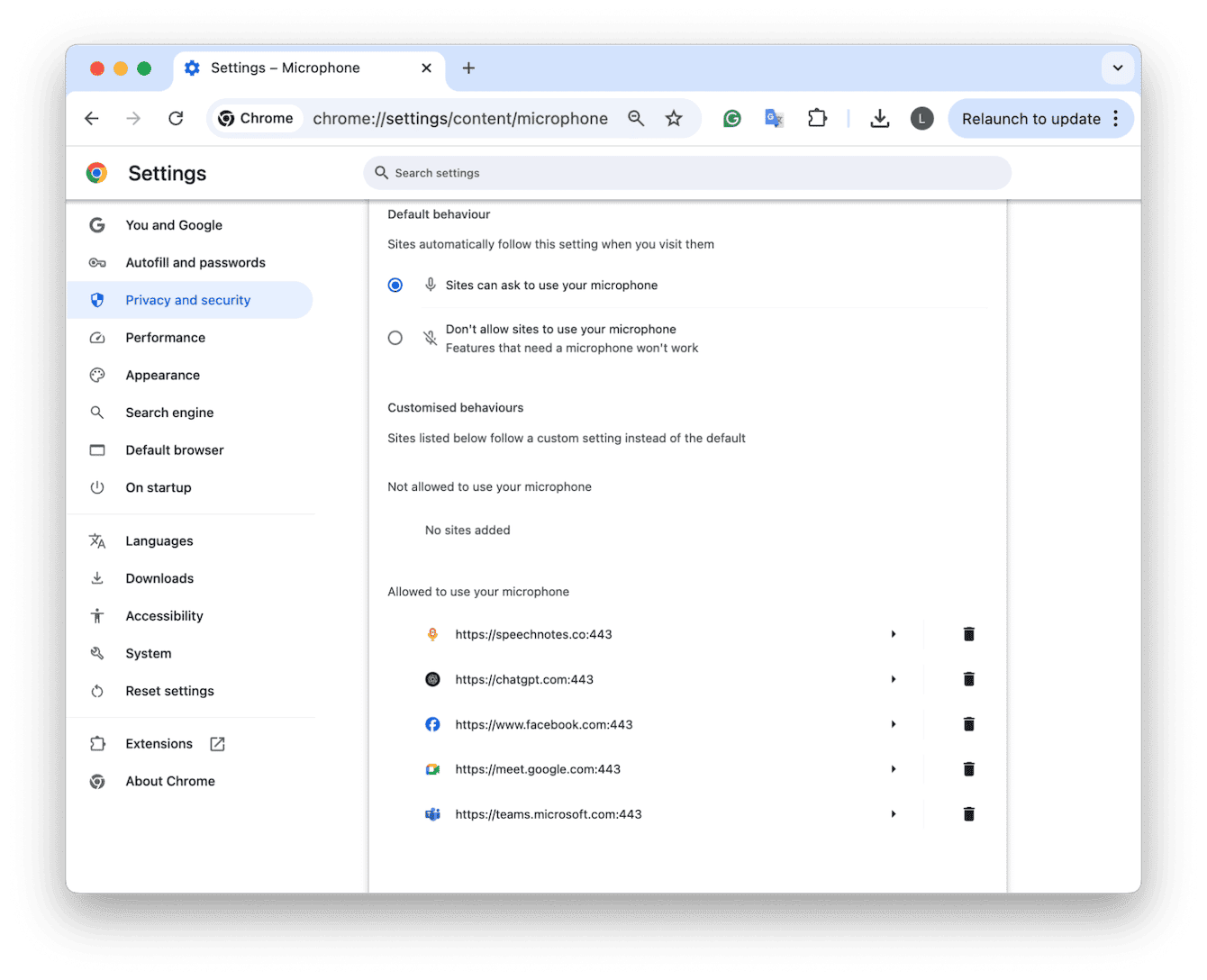 Chrome Settings > Privacy & Security > Site Settings