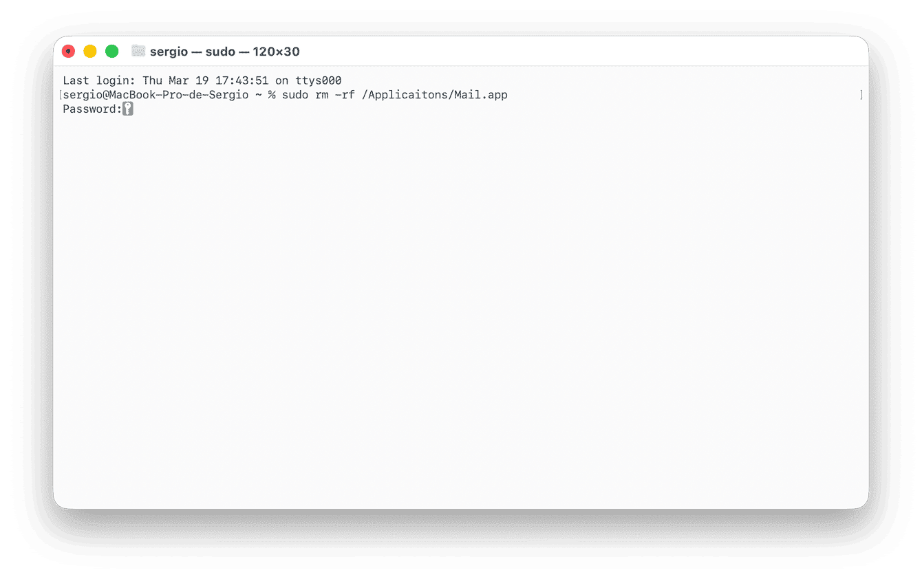 Digita: sudo rm -rf /Applications/Mail.app (questo comando eliminer&agrave; l'app Mail)