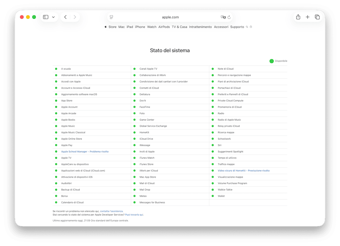  la pagina Stato del sistema Apple