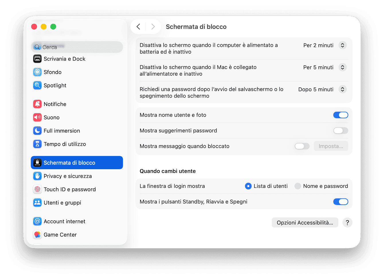 Personalizza le impostazioni di stand-by del Mac