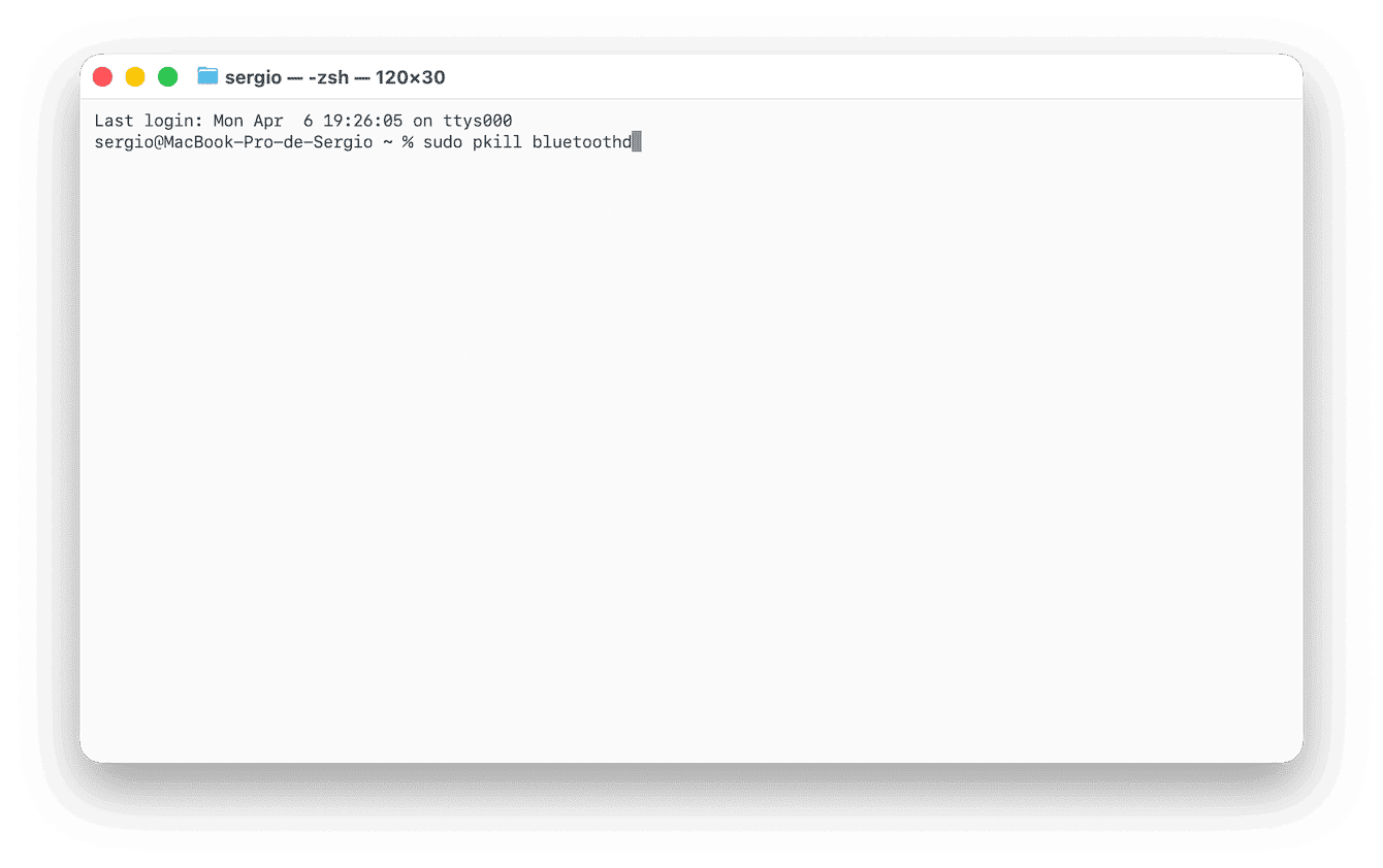 Zresetuj moduł Bluetooth Maca przez Terminal używając tego polecenia: sudo pkill bluetoothd