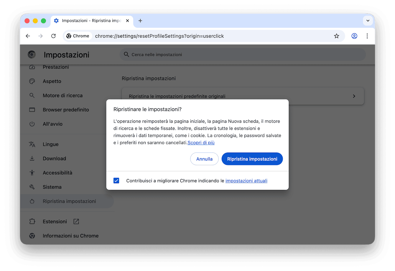 Vai a Reimposta e segui le istruzioni sullo schermo