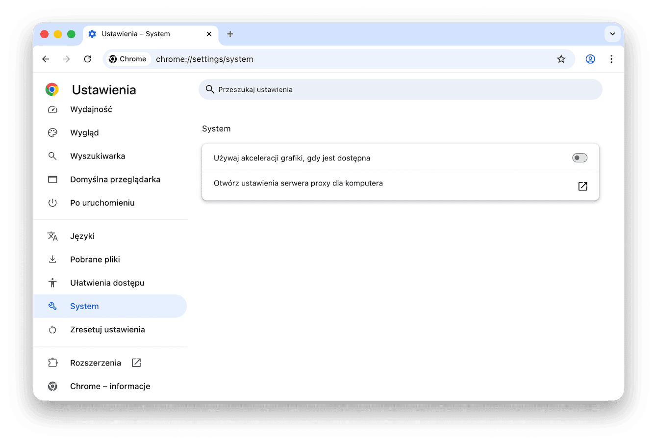 Wyłącz akcelerację graficzną w ustawieniach Chrome