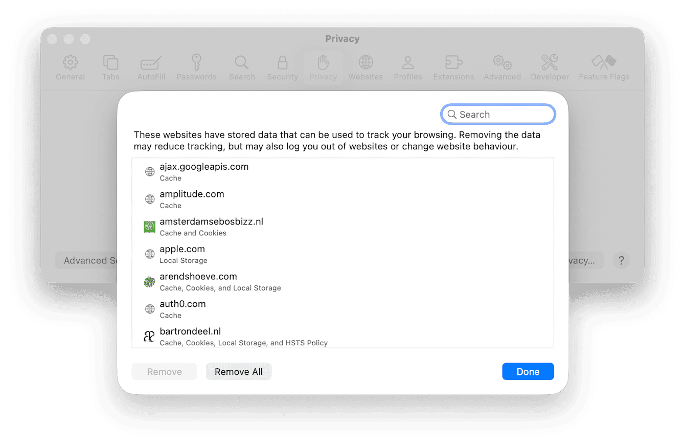 Clear Safari cache and website data