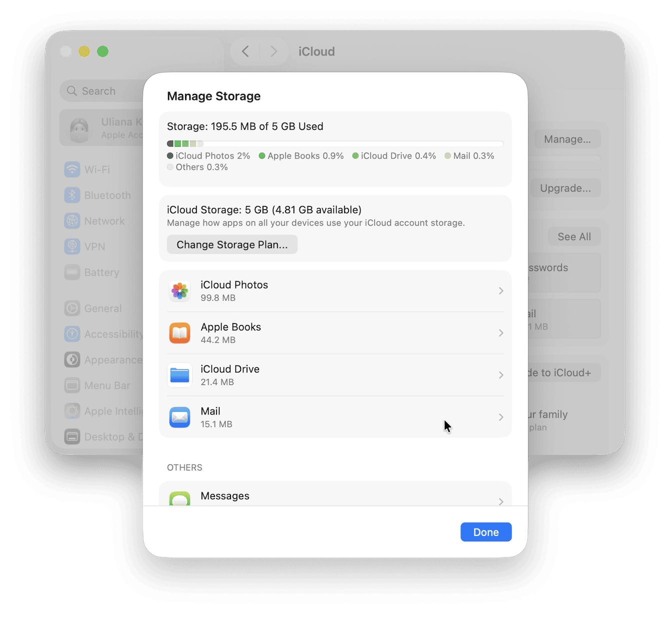 System Settings > Apple Account > iCloud > Manage