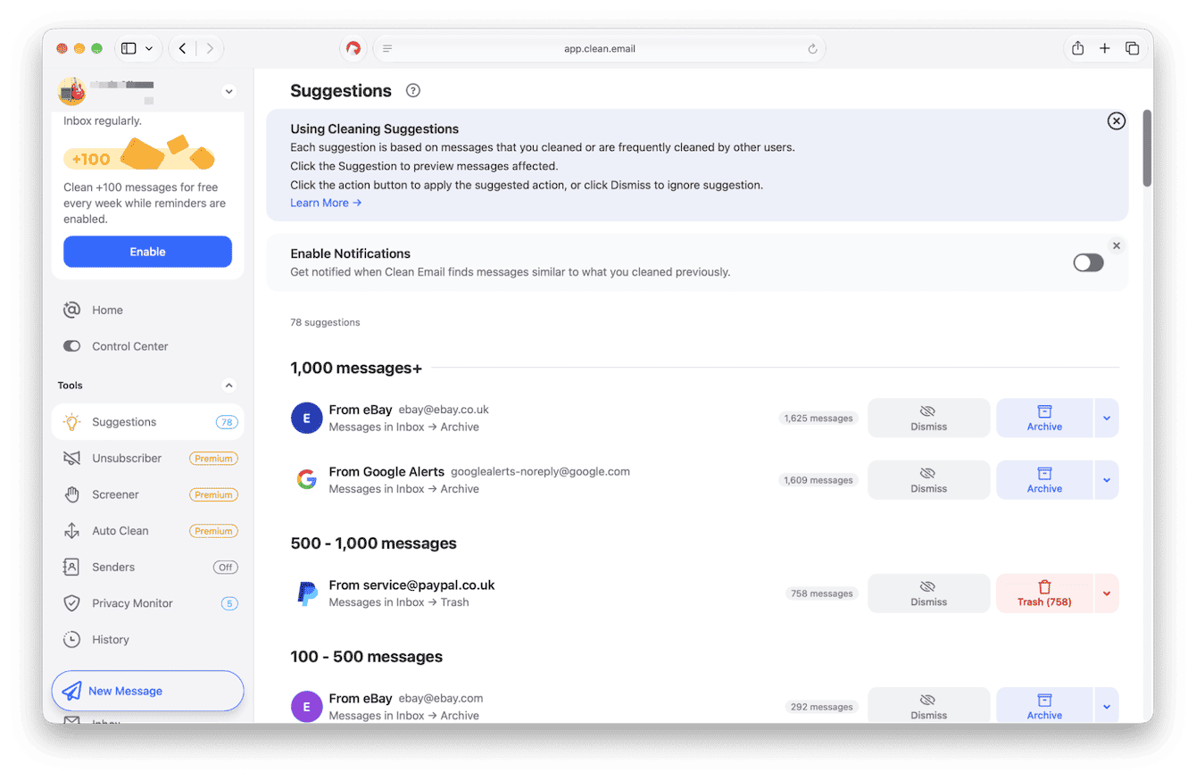 Clean Email Suggestions page with bulk archive and trash actions by sender
