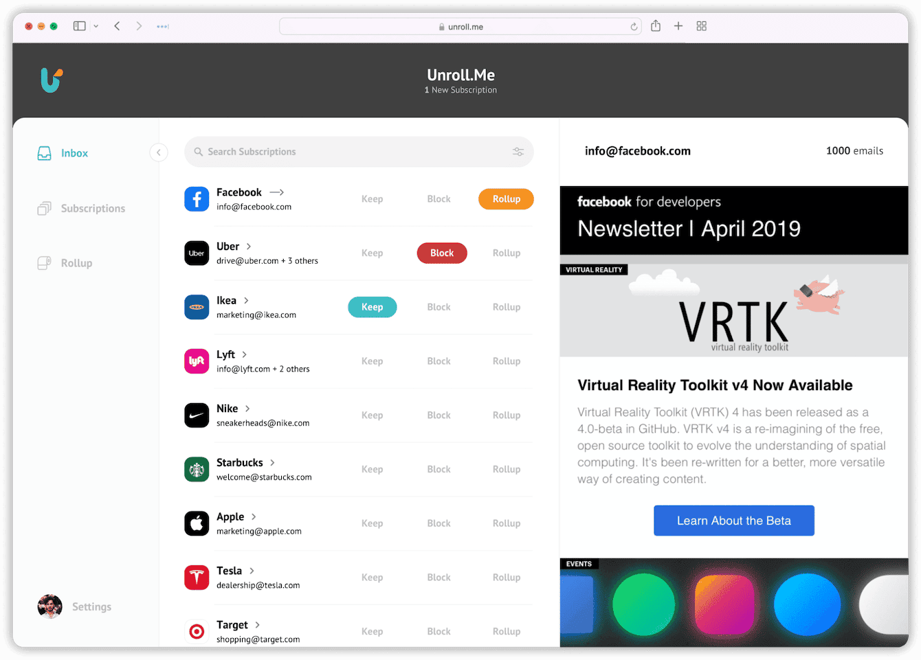 Unroll.Me subscriptions list with Keep, Block, and Rollup options