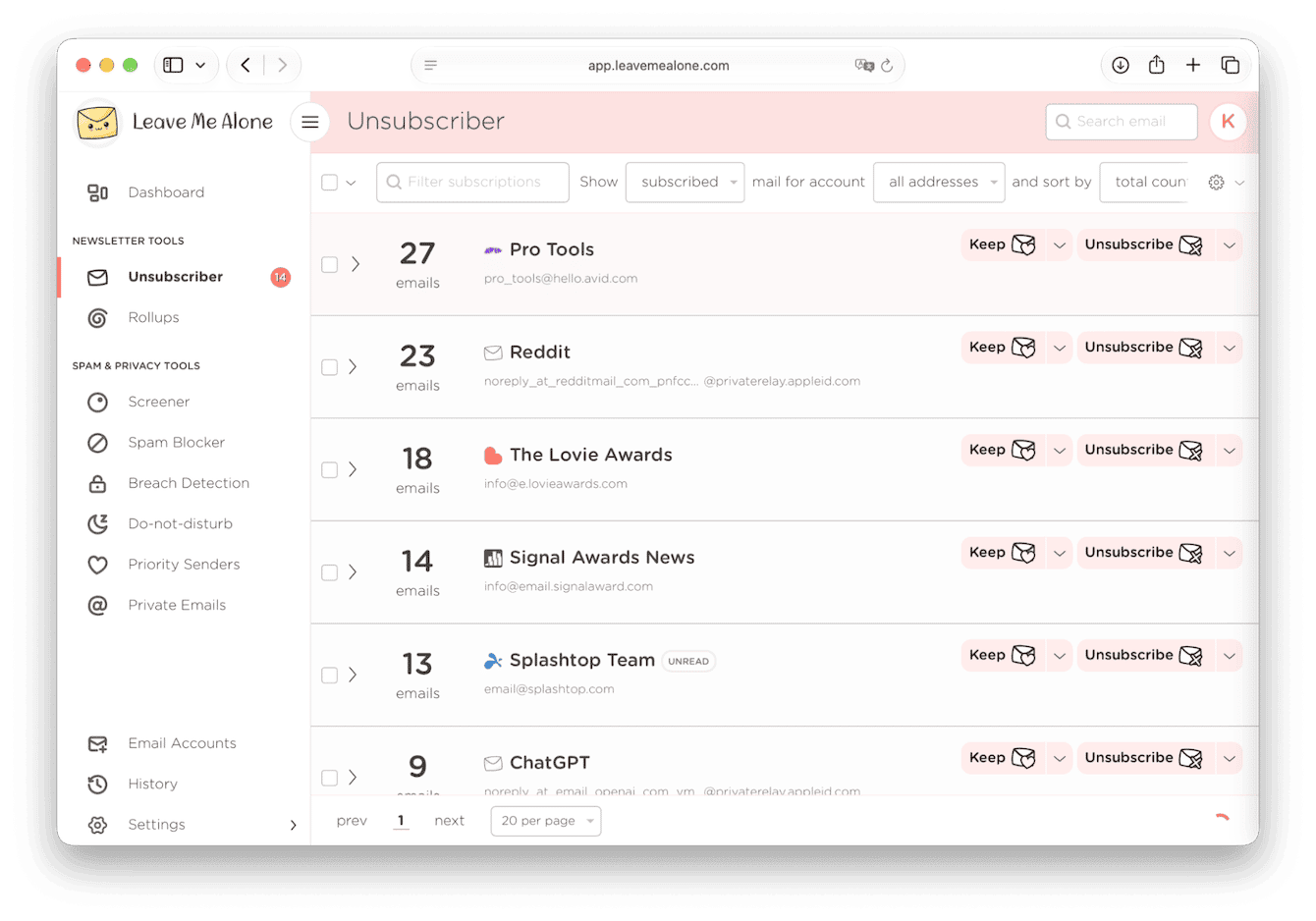 Leave Me Alone Unsubscriber listing newsletters with Keep and Unsubscribe buttons