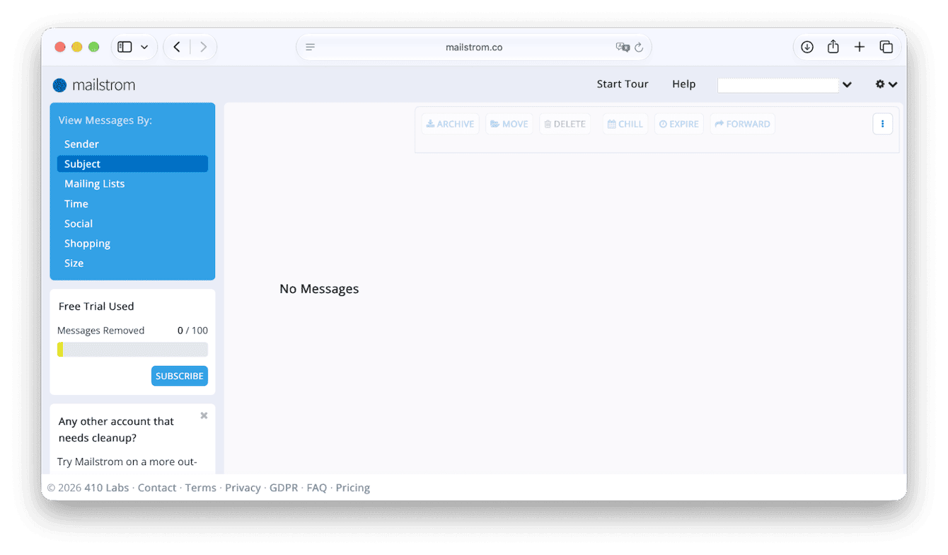 Mailstrom web app with messages grouped by sender, subject, and size