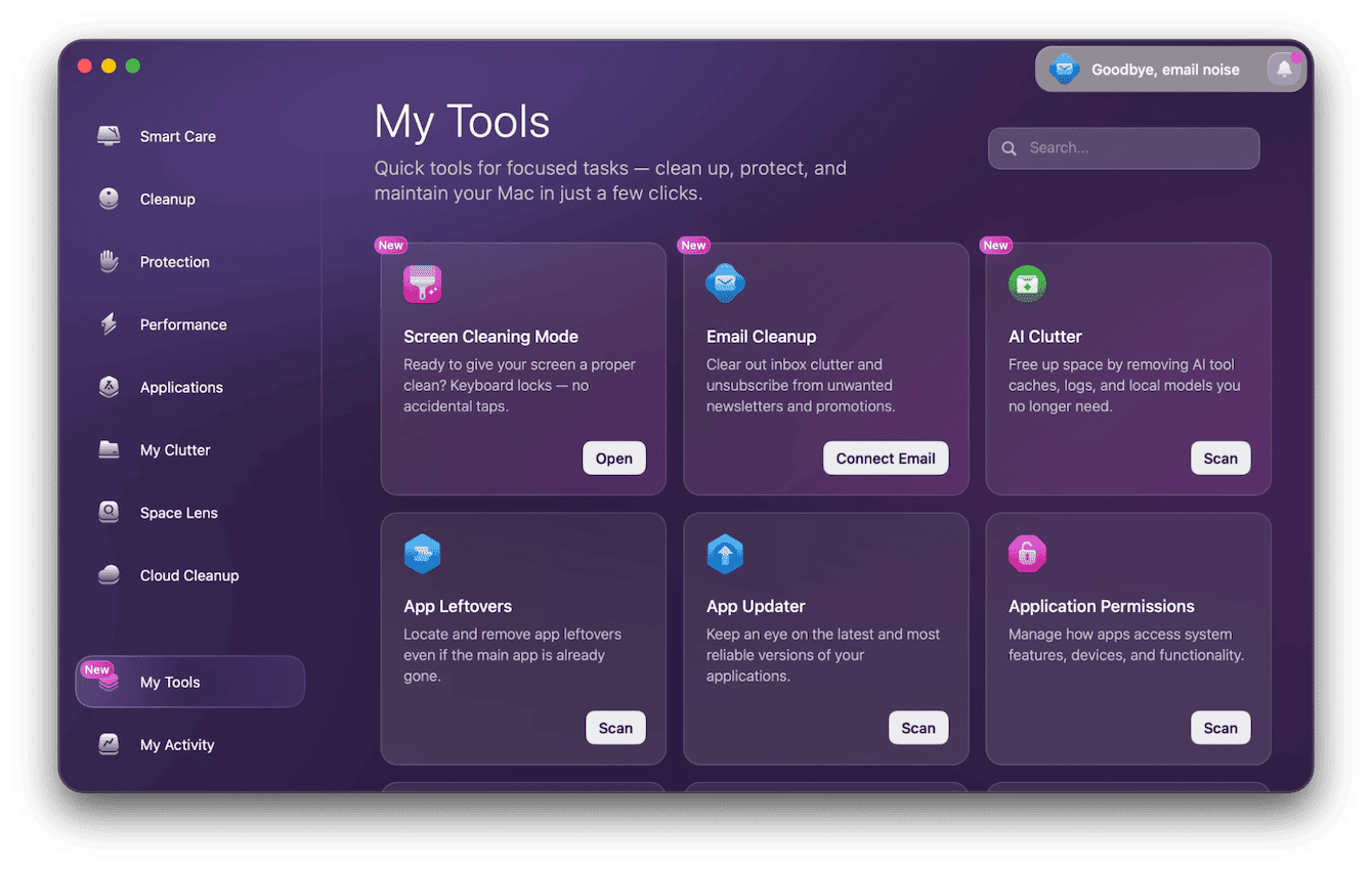 CleanMyMac My Tools with the Email Cleanup tool