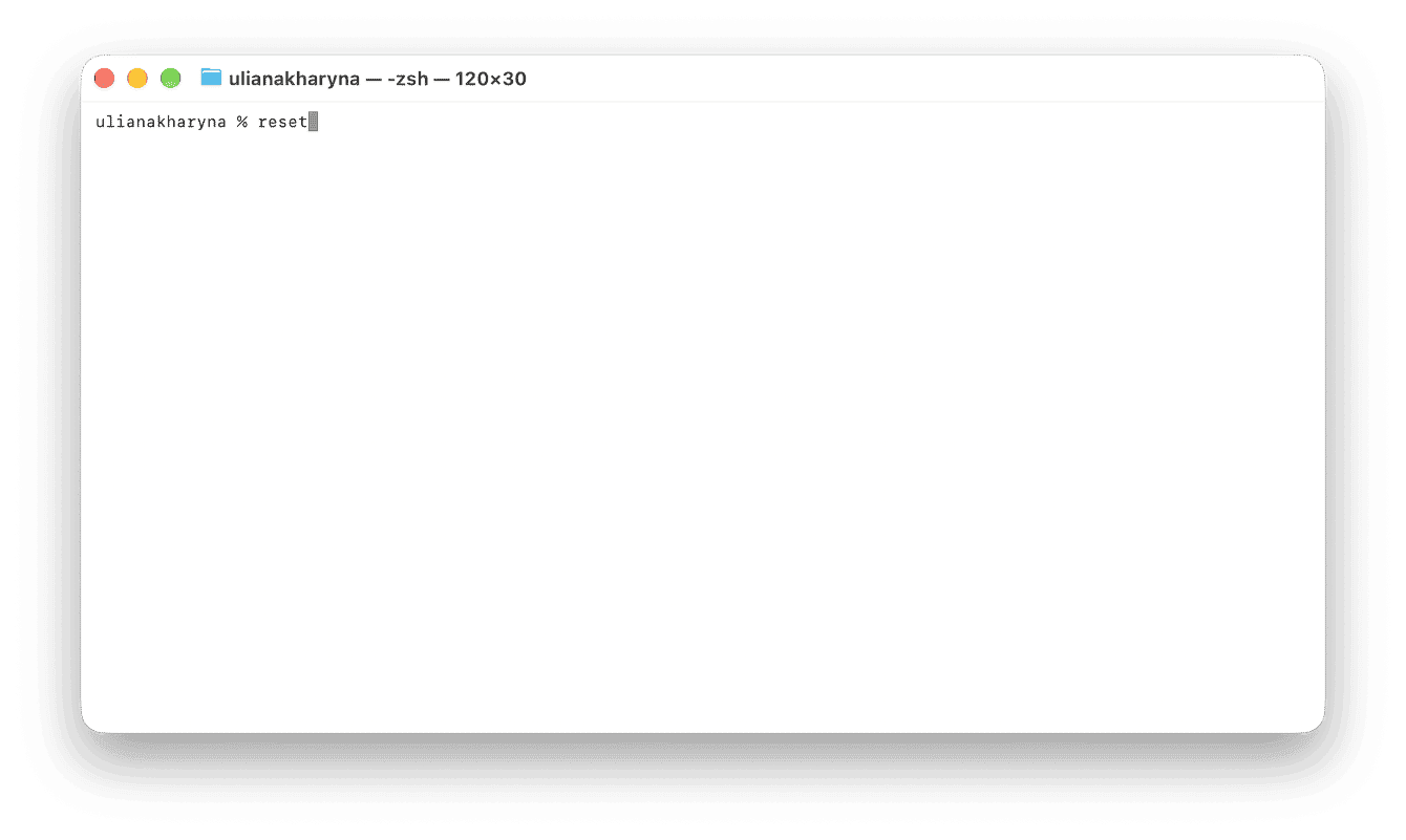 Terminal window on Mac with the reset command typed