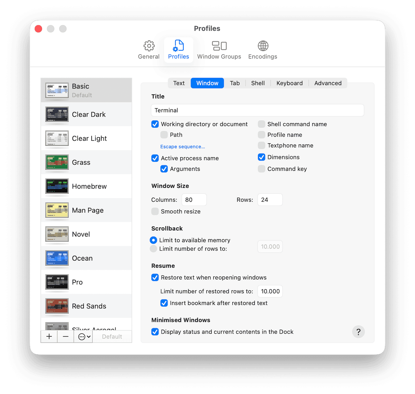 Terminal Settings, Profiles, Window tab with scrollback options
