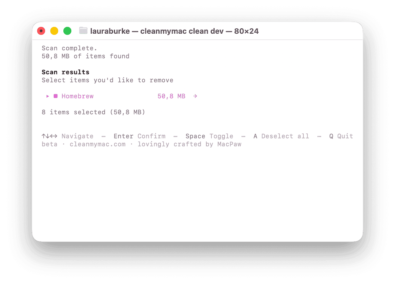 CleanMyMac CLI in Terminal showing scan results for developer caches