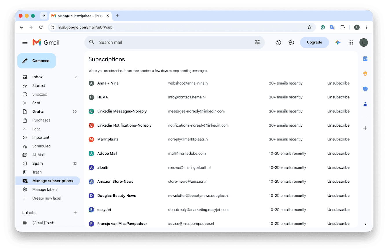 Gmail Manage subscriptions page listing senders with Unsubscribe buttons