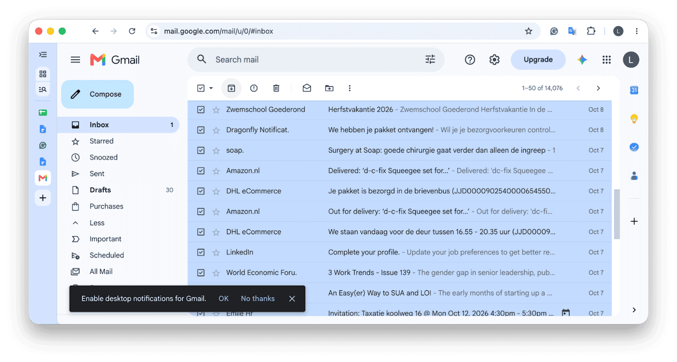 Gmail inbox with all messages selected for archiving